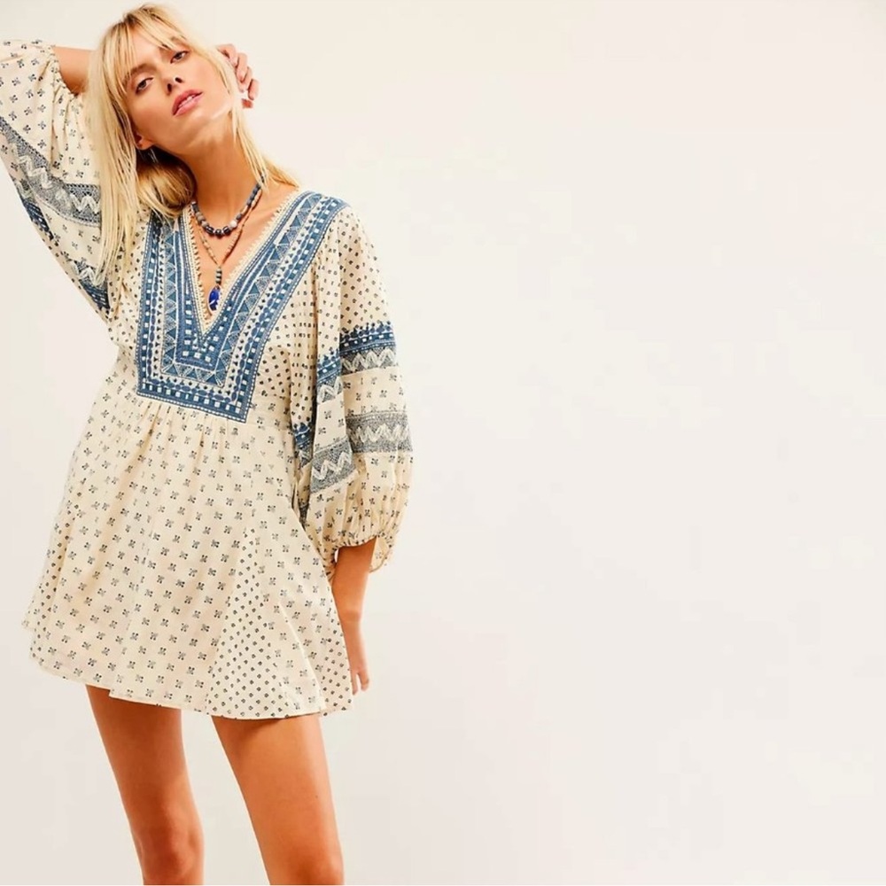 NWOT Free People Sweet Southwest Embroidered Mini Dress in Tea Combo